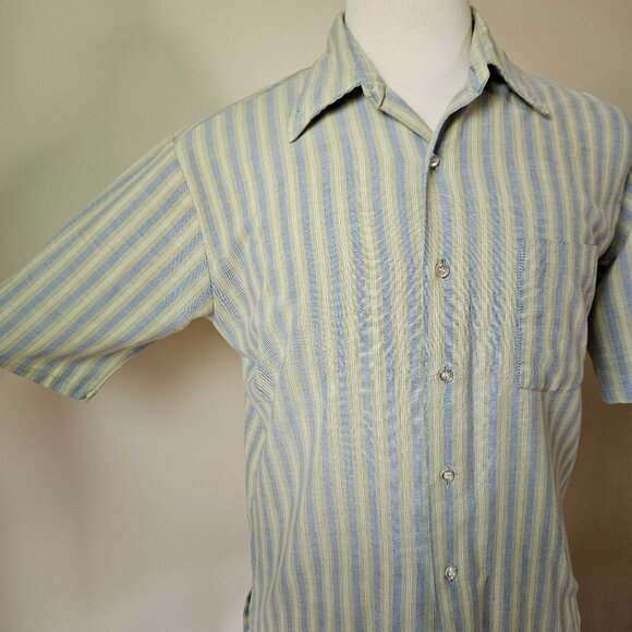 JC Penney Vintage 60s Oxford Cloth Striped Green Blue Short Sleeve Dress Shirt M - Picture 3 of 8